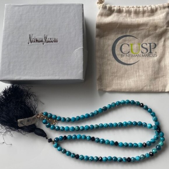 Neiman Marcus 32" Long Beaded Turquoise and Jet Necklace w 5" Tassel, Extender - Picture 1 of 9